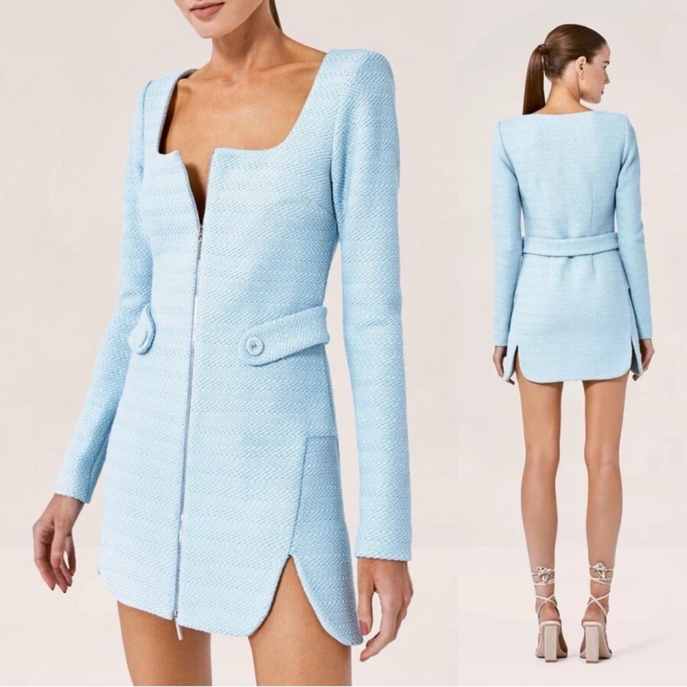 ALEXIS Elvire Structured Textured Long Sleeve Cotton Blend Mini Dress Light Blue